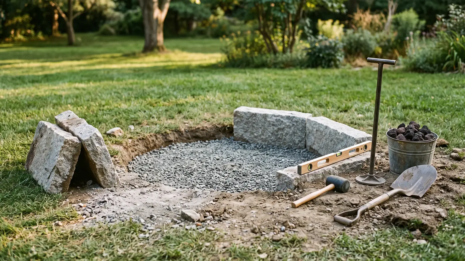 AI illustration of a freshly rebuilt fire pit ringed by four dry-set granite slabs over compacted crushed stone, with lava rock, hand tools, and dust in warm daylight