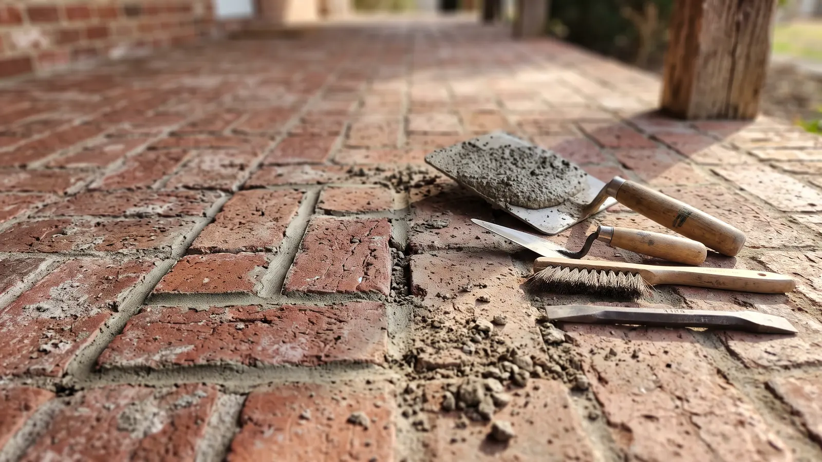 AI illustration of a brick breezeway floor with raked mortar joints, a hawk of type N mortar, trowel, jointer, brush, and masonry dust in warm daylight