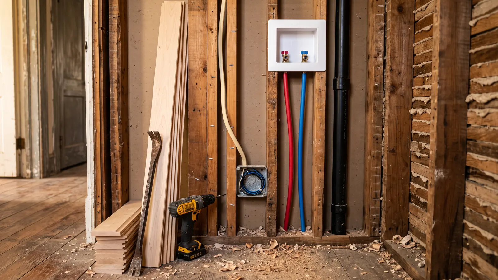 AI illustration of an exposed bathroom closet wall roughed in with plumbing, drain, wiring, and maple trim for a laundry relocation