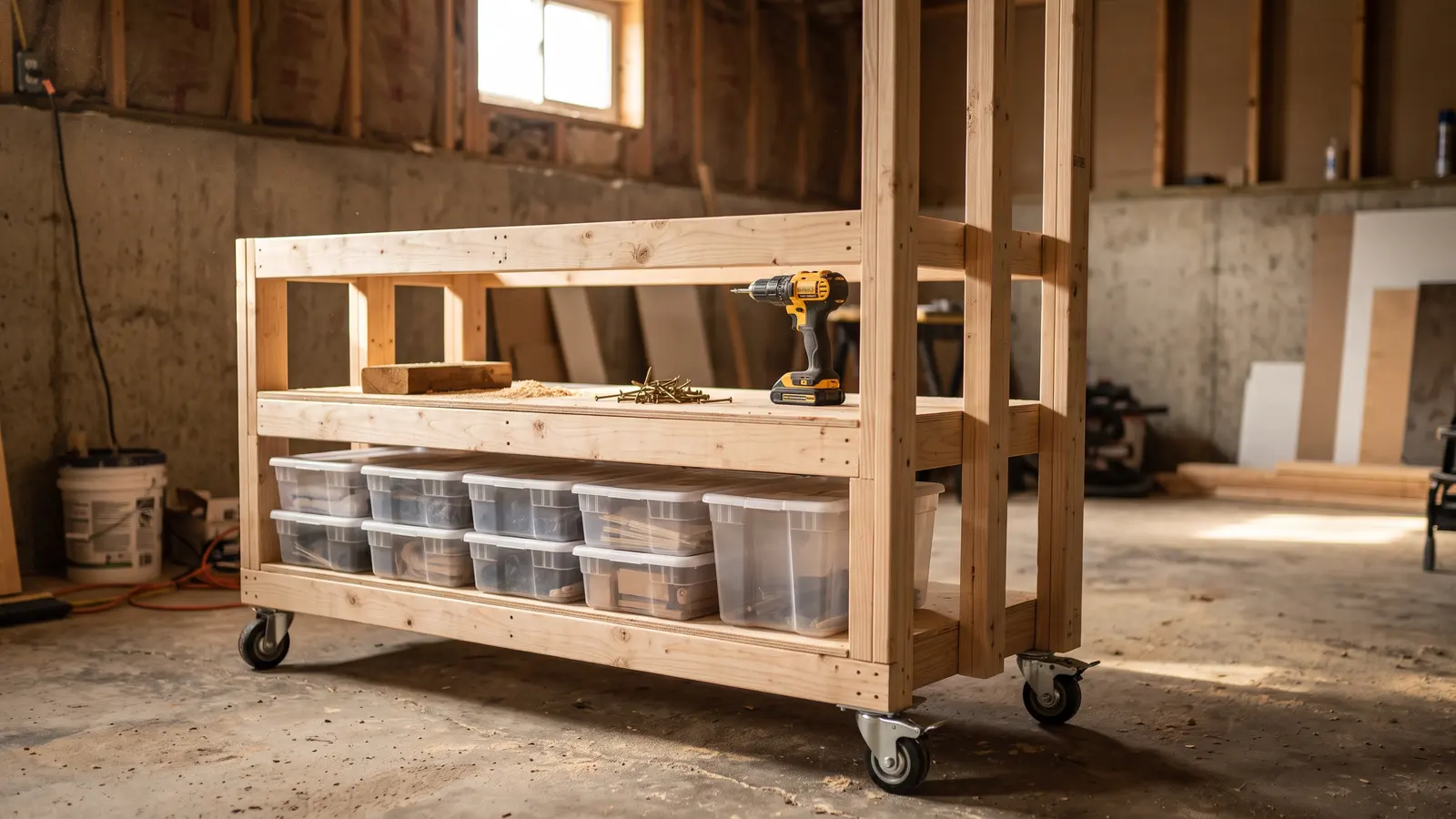 AI illustration of a partially built rolling storage rack made of 2x4s and casters, with clear plastic totes, deck screws, and a cordless drill in an unfinished basement