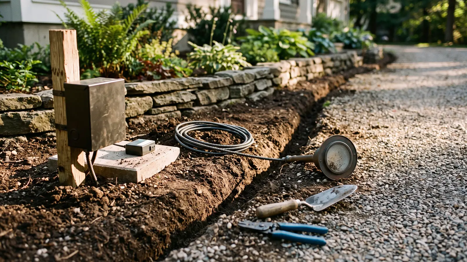AI illustration of a landscape lighting trench along a gravel driveway with a fixture, armored cable, transformer, smart control module, and hand tools