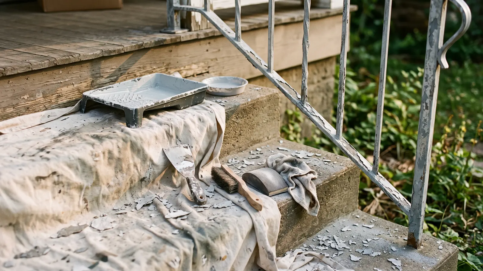 AI illustration of a weathered galvanized stair railing on exterior concrete steps is mid-repaint, with sanding tools, drop cloths, paint flakes, primer, and gray enamel left in warm daylight