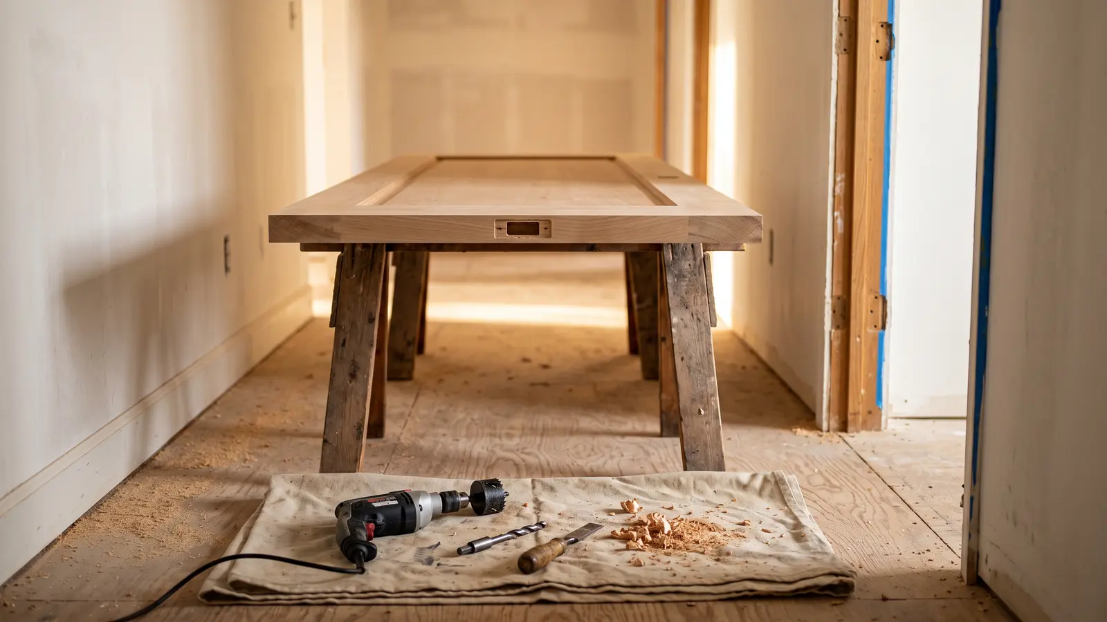 AI illustration of a solid-core door slab on sawhorses beside a drill, hole saw, chisel, and an empty doorway in warm daylight