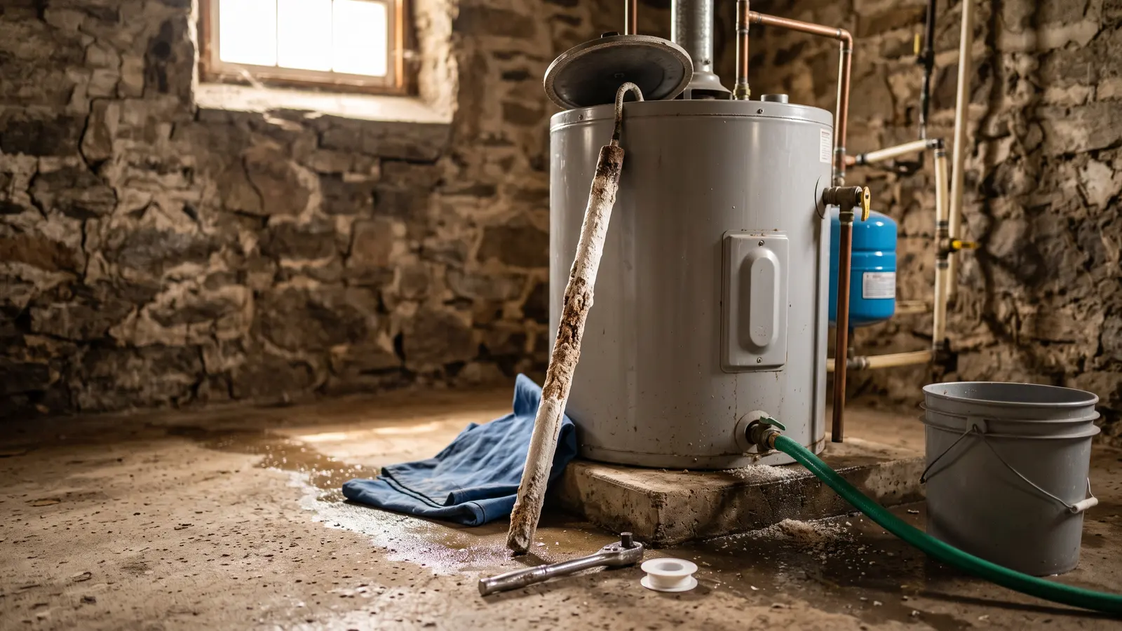 AI illustration of a basement water heater with an open top port, a corroded anode rod leaning on a drop cloth, and thread-seal tape and a bucket nearby