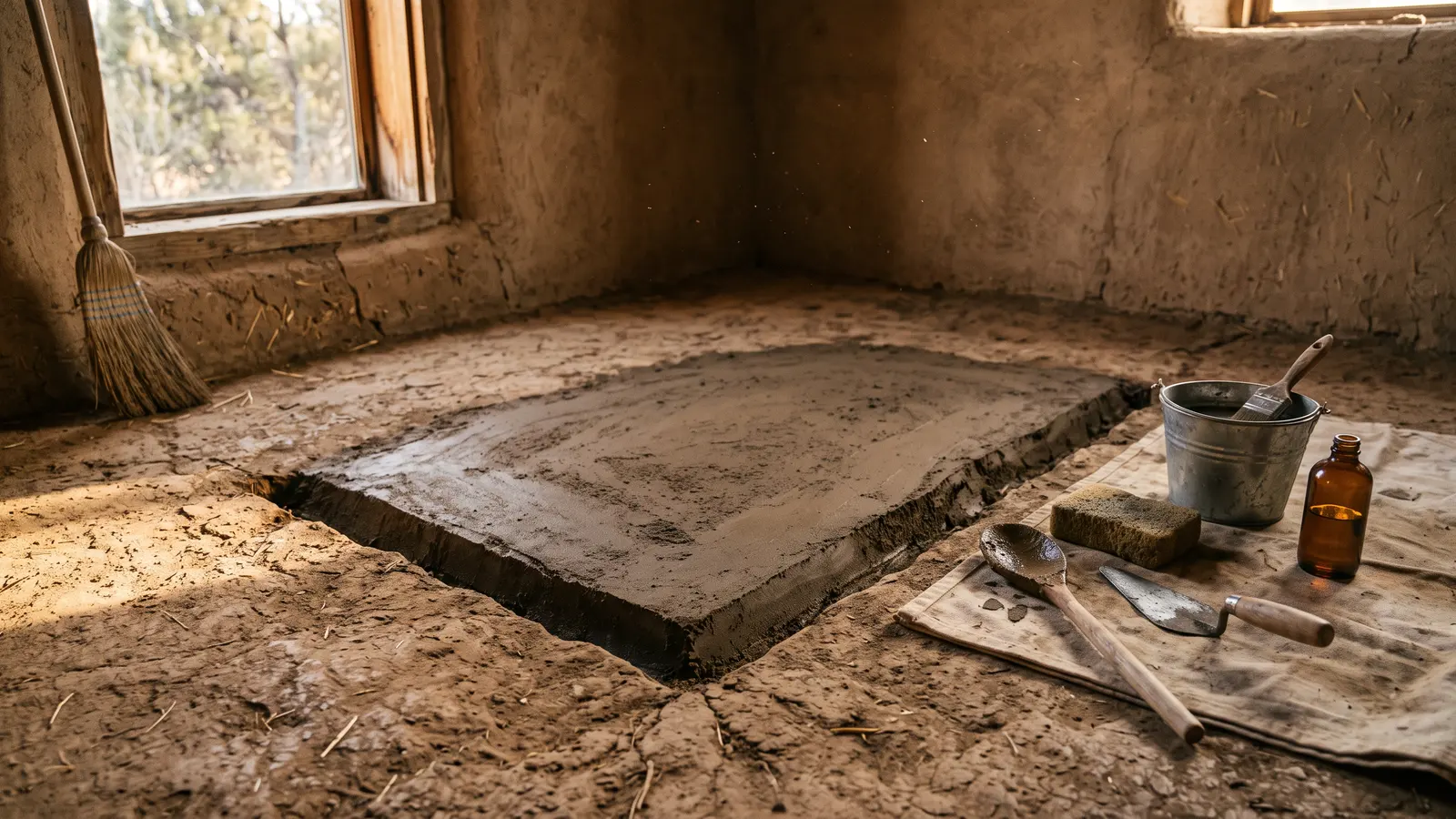 AI illustration of a sunlit adobe room with a cracked earthen floor, a V-notched sand-clay repair, and masonry tools resting on a drop cloth
