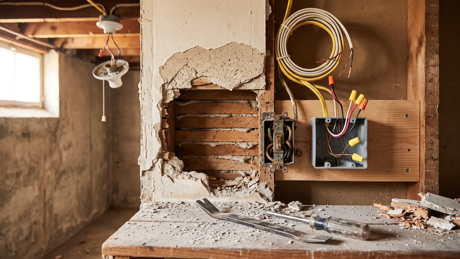 AI illustration of a half-finished basement wall opened for electrical work, with a new switch box, stripped cable, and a pull-chain light fixture above plaster dust