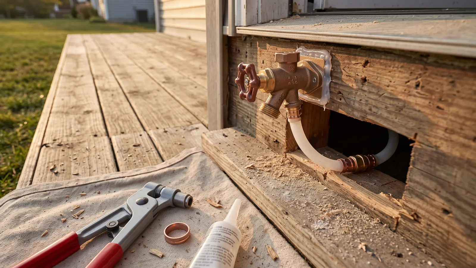 AI illustration of a frost-proof sillcock mounted through a weathered wood sill beside a deck, with PEX tubing, an expansion tool, and silicone sealant on a drop cloth