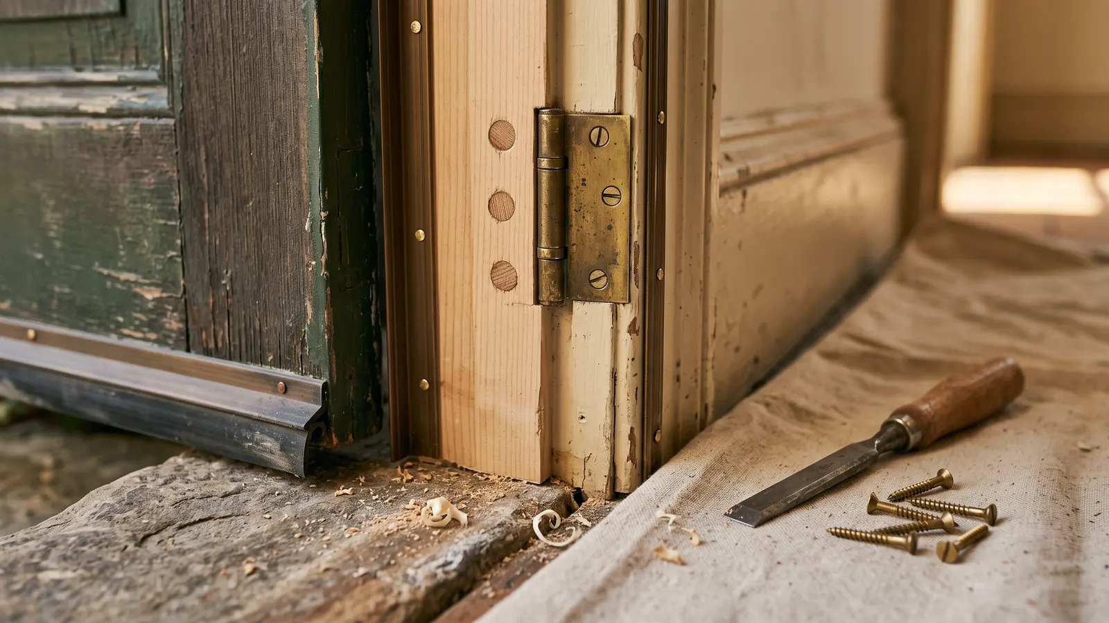 AI illustration of an antique door edge with a brass ball-bearing hinge, oak dowel plugs, a chisel, and a door sweep at a stone threshold