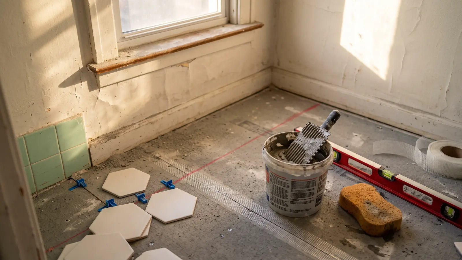 AI illustration of a half-tiled bathroom with cement backer board, loose porcelain tiles, a notched trowel, and sunlight across dusty floorboards