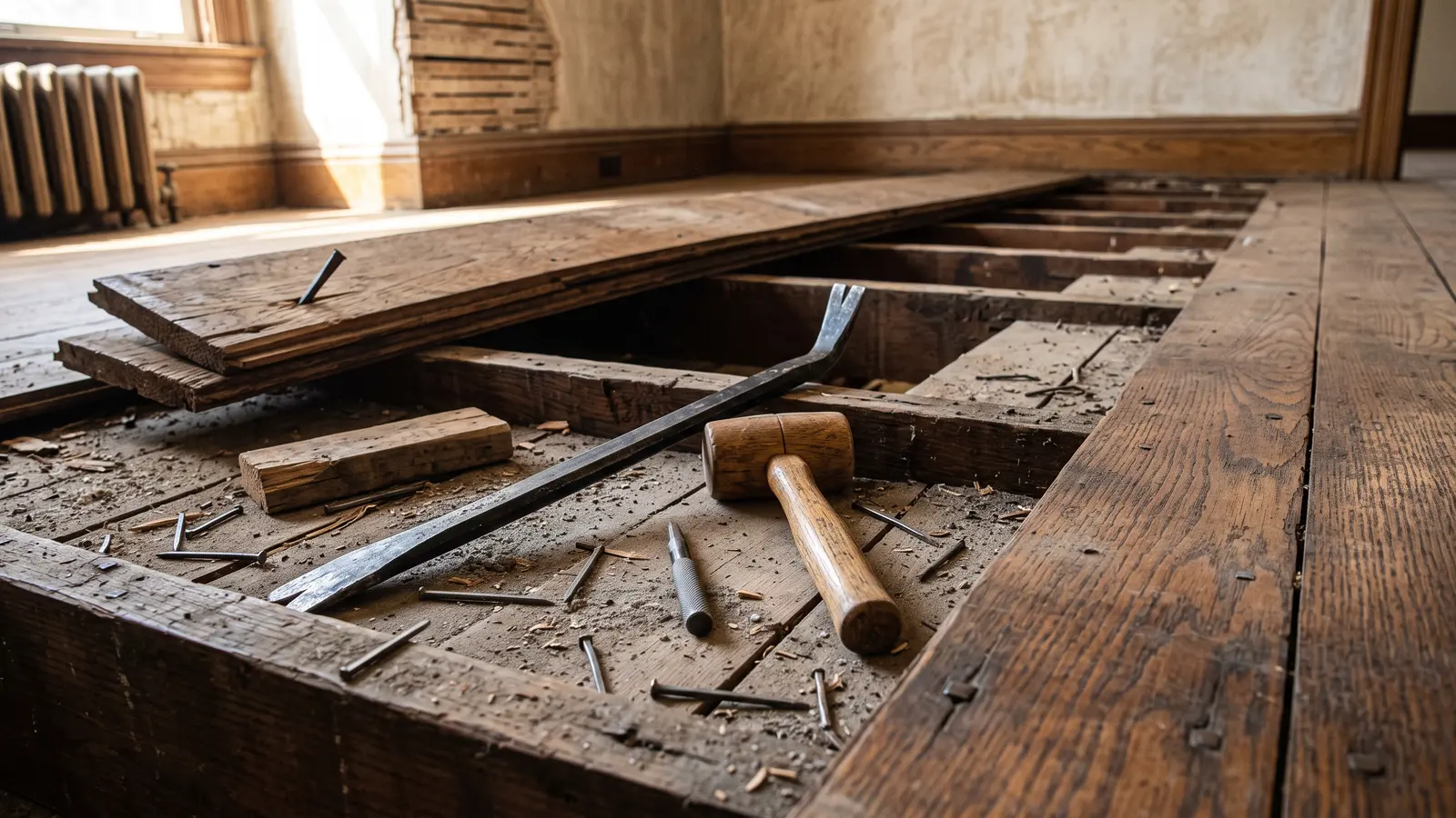 AI illustration of a sunlit old parlor floor with lifted oak boards, square cut nails, pry bar, mallet, dust, and exposed lath in the background