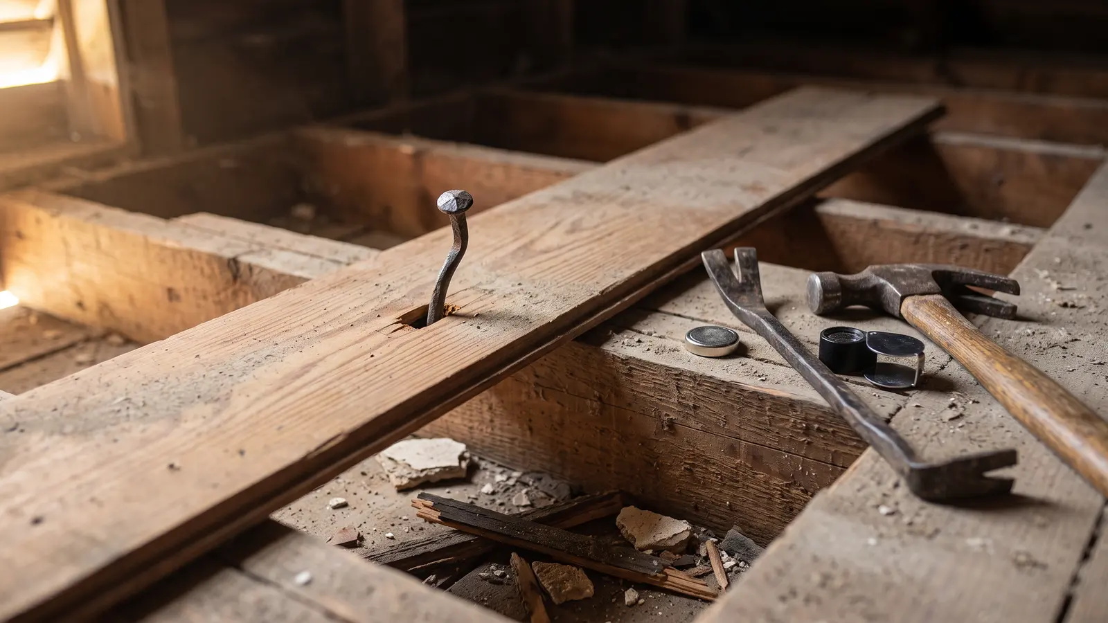 AI illustration of a dusty attic with a lifted pine floorboard, old cut nails, a pry bar, hammer, magnet, and loupe on exposed joists in warm daylight