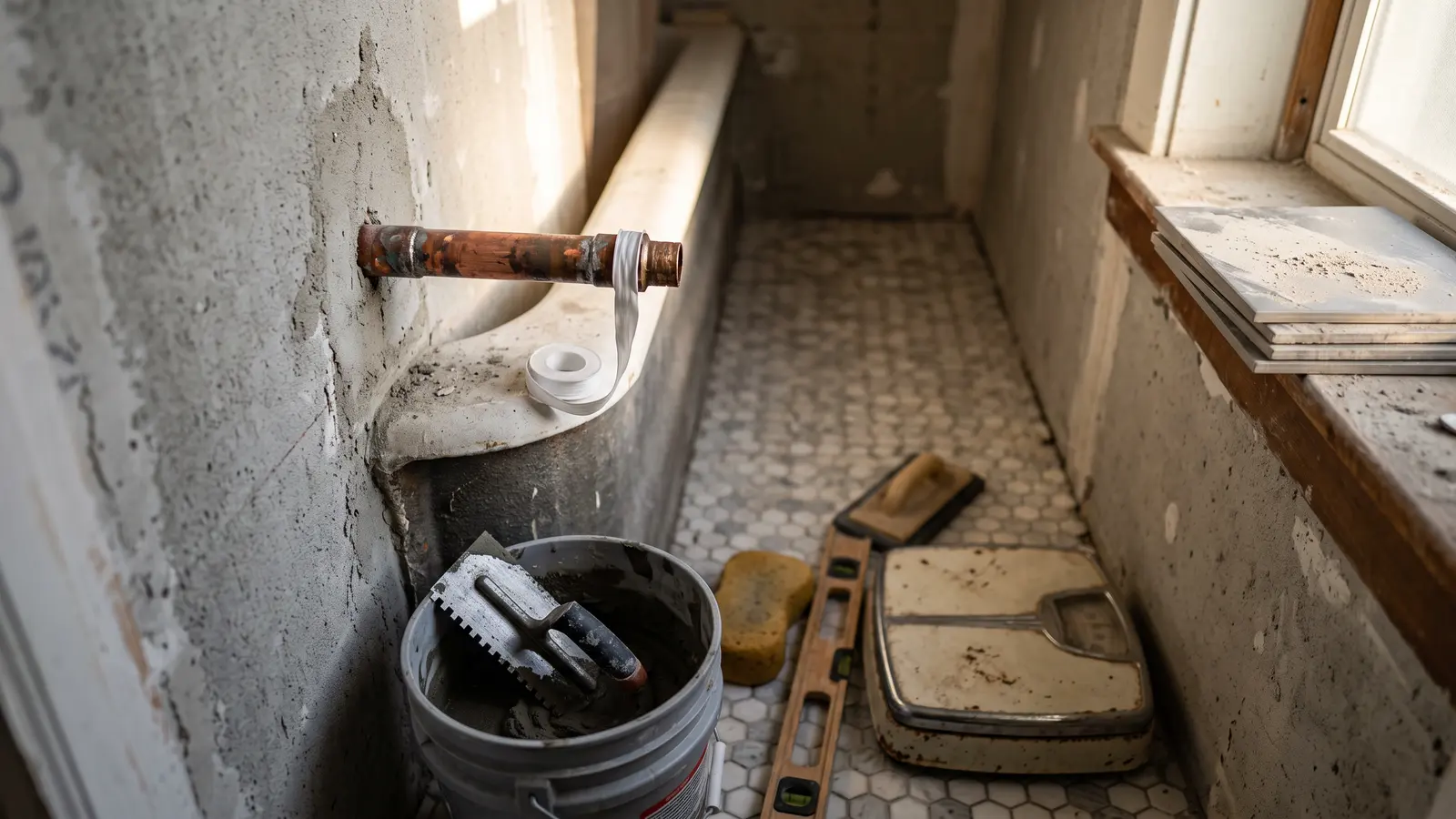 AI illustration of a mid-renovation bathroom with a cast-iron tub, exposed copper tub-filler stub-out, cement backer board, thinset tools, and a vintage scale in warm daylight