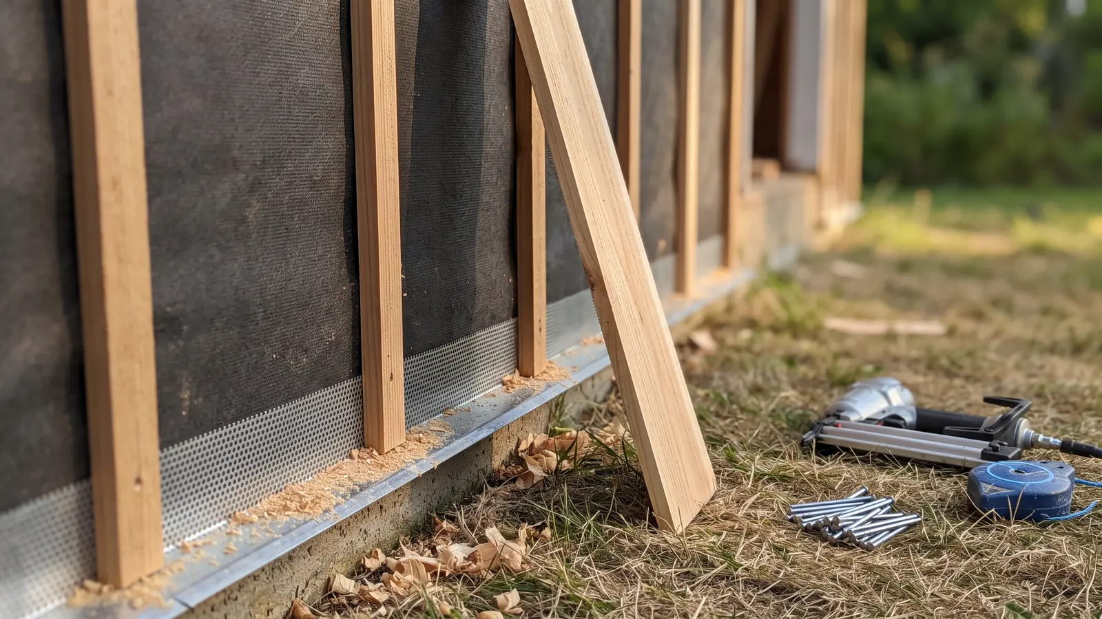 AI illustration of a partially installed rain-screen wall with cedar furring strips, house wrap, perforated insect screen, and siding tools in warm daylight