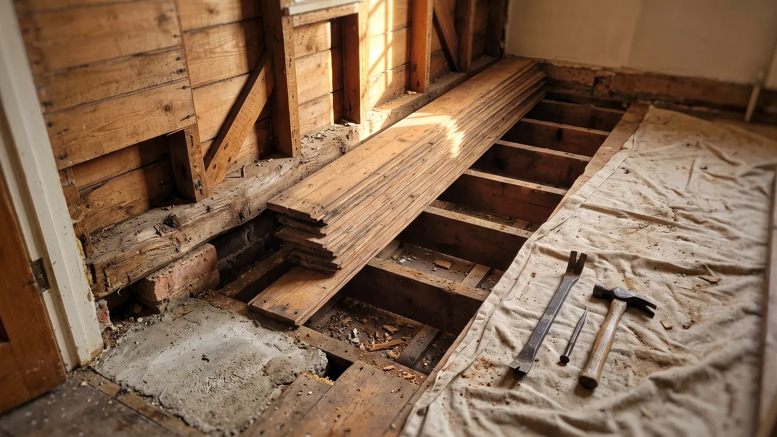 AI illustration of an opened floor and shiplap wall in a century-old worker cottage, with exposed joists, cut nails, a brick pier, pry bar, and dusty drop cloth in warm daylight