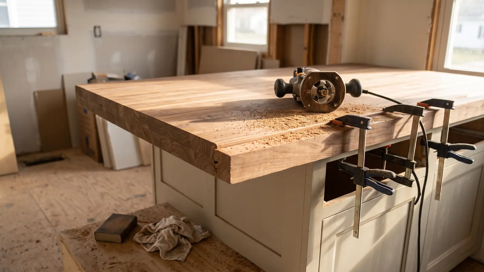 AI illustration of a kitchen island with a butcher block countertop partly installed, a router, clamps, and fine sawdust in warm daylight