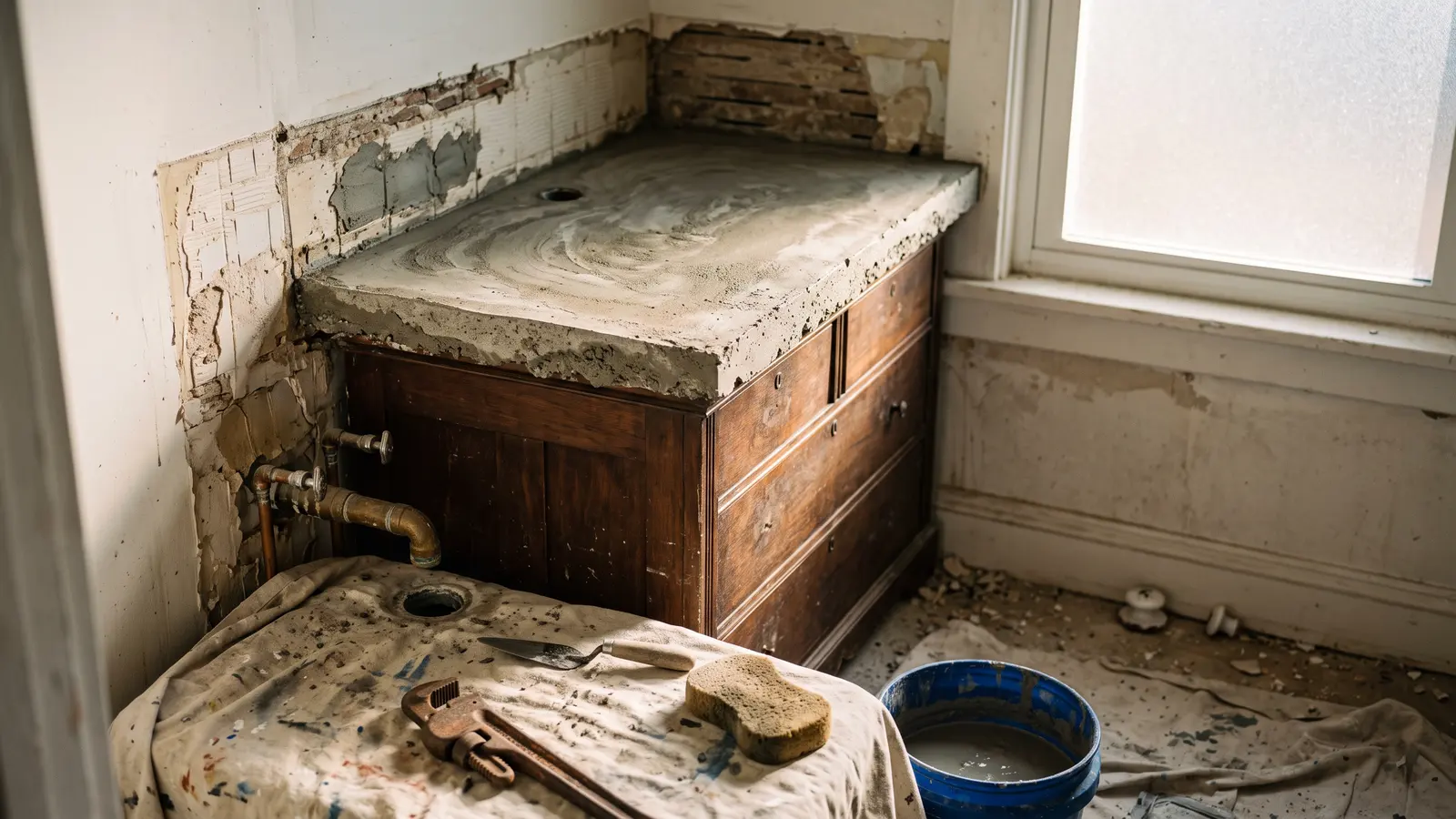 AI illustration of an antique chest vanity with a curing concrete top embedded with river sand in a half-renovated bathroom, tools and dust in warm window light