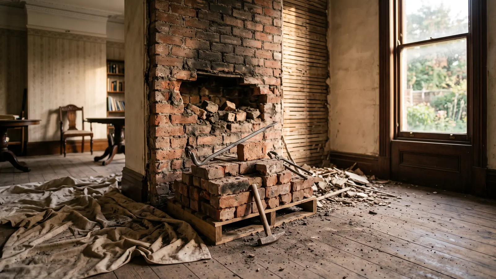 AI illustration of a dusty Victorian parlor with an opened brick chimney breast, salvaged bricks on a pallet, and hand tools resting amid plaster rubble
