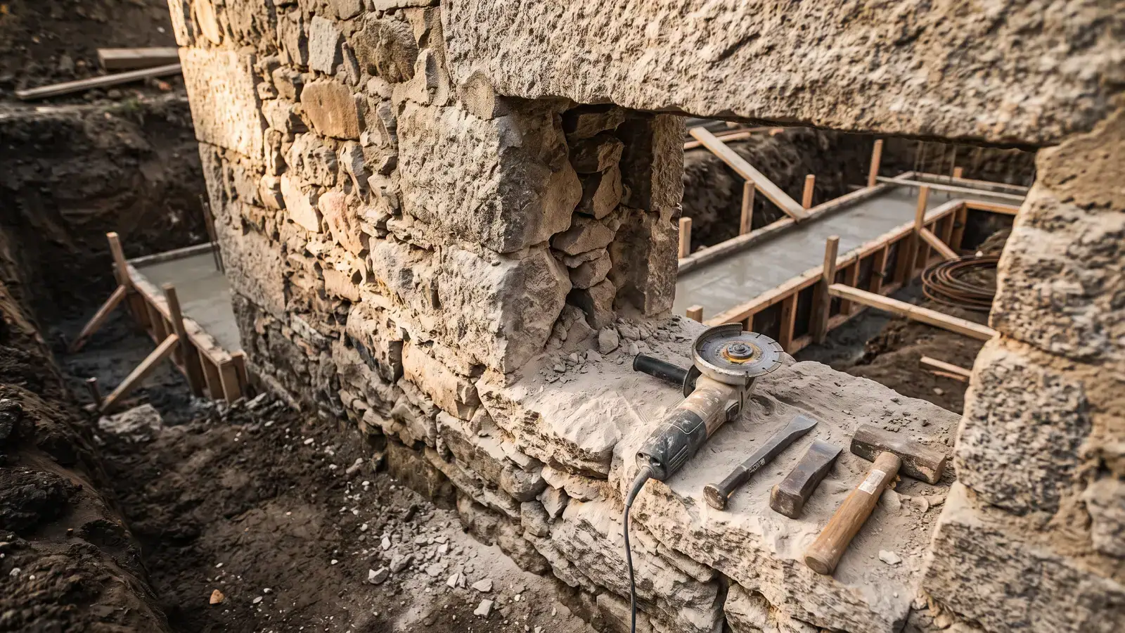 AI illustration of a stone doorway opening cut through a rubble foundation wall with masonry tools and dust, new concrete forms in the trench beyond