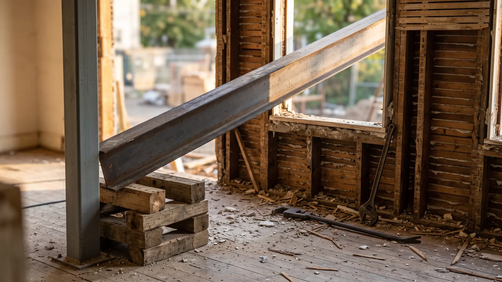 AI illustration of a long steel I-beam angled through an open rear window in a demolished Victorian room, with wood cribbing, a steel post, a spud wrench, and plaster dust in warm daylight