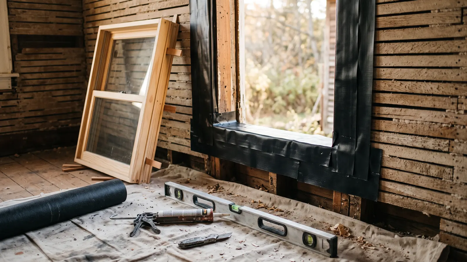 AI illustration of a dining room window opening with black self-adhering flashing lapped sill first, cedar shims, a level, a caulk gun, and a bare double-hung window waiting nearby