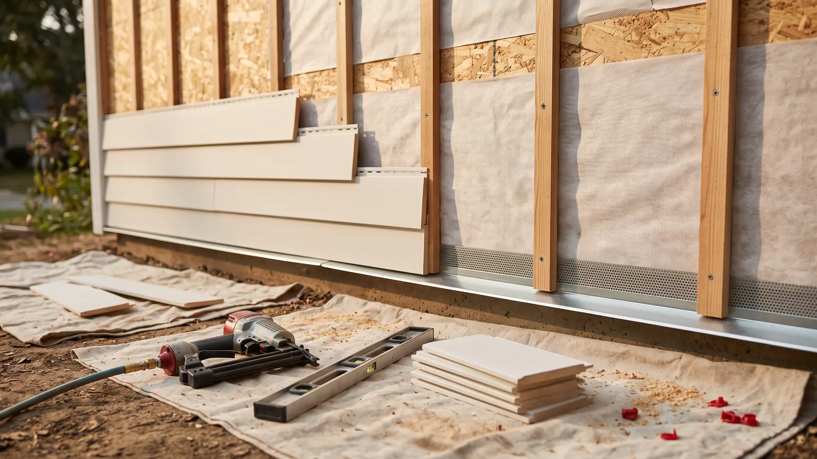 AI illustration of a partially installed rain-screen wall with house wrap, vertical furring strips, clapboard siding, and a bug screen at the base