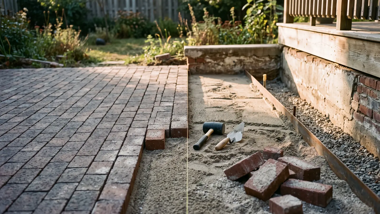 AI illustration of a half-laid brick paver patio on compacted stone and sand, with steel rails, a mallet, and loose pavers in warm daylight