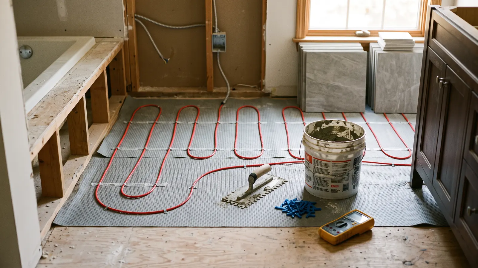 AI illustration of a bathroom floor under renovation with anti-fracture membrane, loose electric heat cable, tile tools, and dusty daylight
