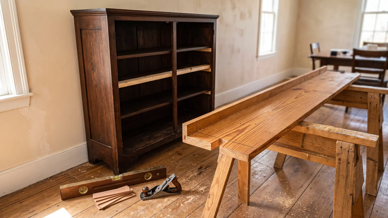AI illustration of a dining room with an antique stained china cabinet fitted into a painted wall box, pine casing, shelf cleats, and carpentry tools in warm daylight