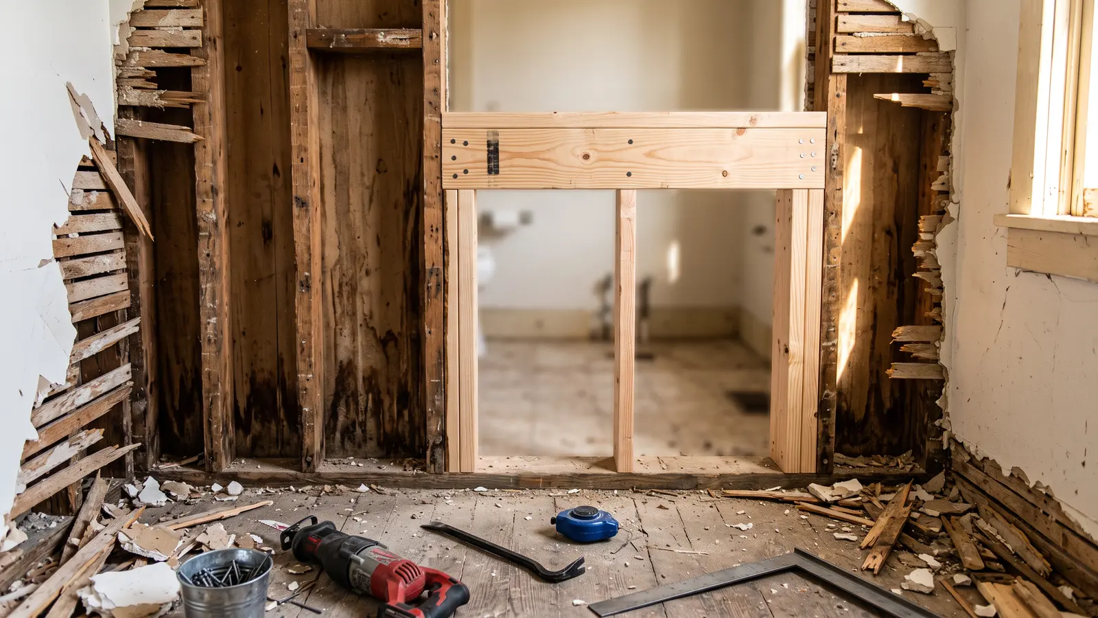 AI illustration of a flood-damaged bathroom stripped to studs, with a new window opening framed in fresh lumber and tools left amid plaster debris