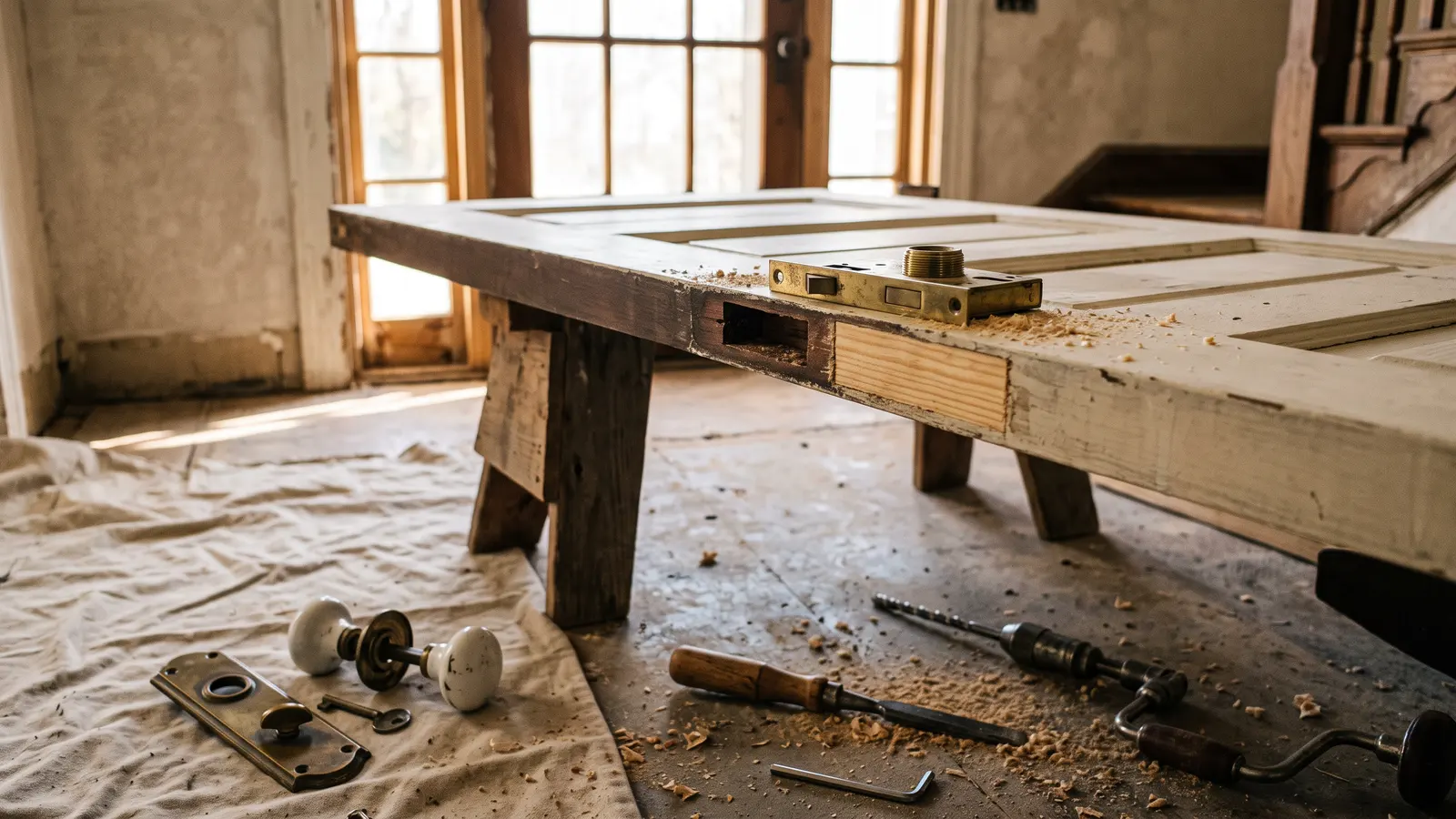 AI illustration of a front entry workspace with an edge-up paneled door, a half-installed mortise lockset, brass plates, porcelain knobs, hand tools, and sawdust in warm daylight
