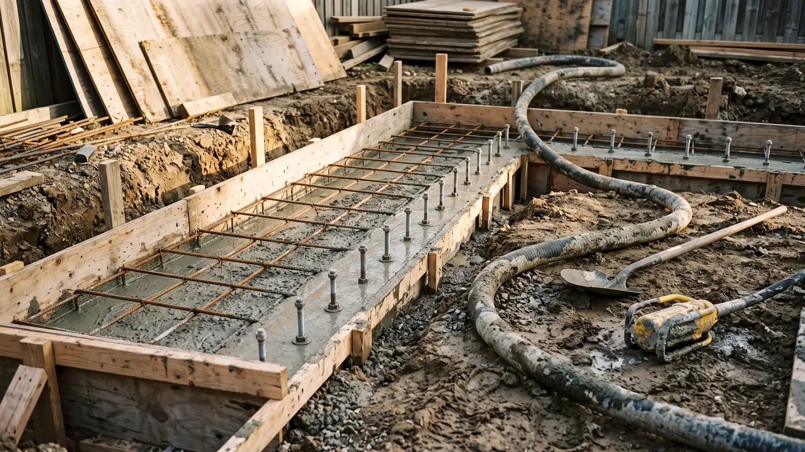 AI illustration of a concrete foundation footing with rebar, anchor bolts, pump hose, and wooden forms in a muddy excavation under warm daylight