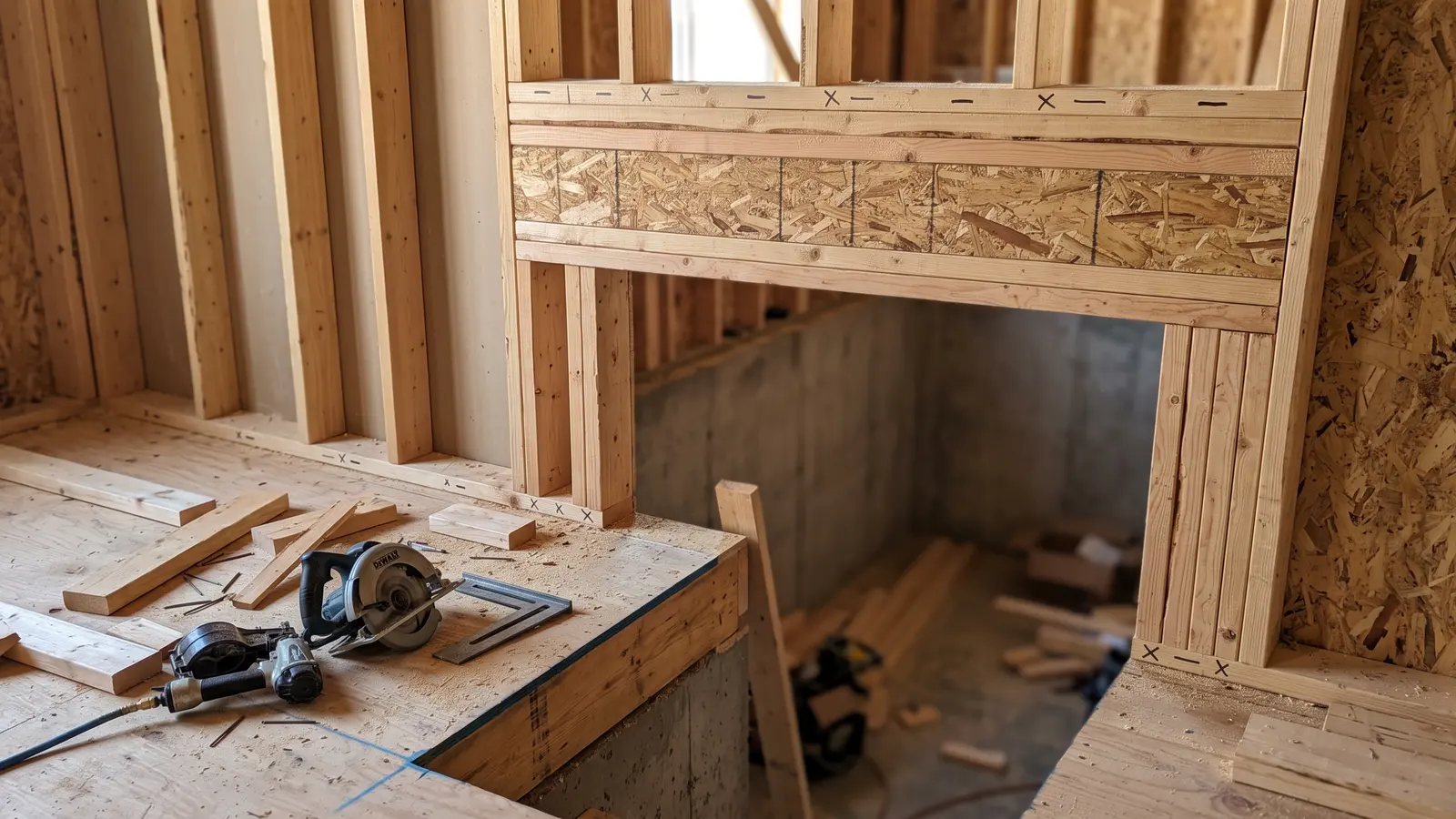 AI illustration of a sunlit, partly framed wall junction at a basement stair opening, with dimensional lumber, a built-up header, and carpentry tools resting on dusty subfloor