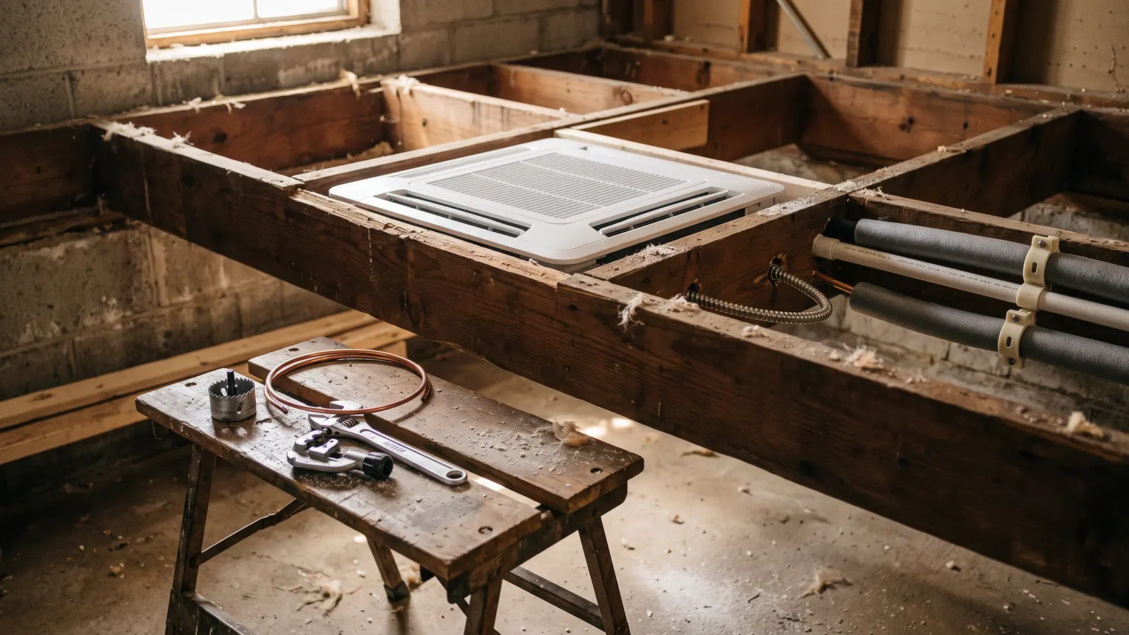 AI illustration of a ceiling cassette air handler fitted between basement joists, with insulated refrigerant lines, a PVC drain, tools, and dust on the floor in warm window light