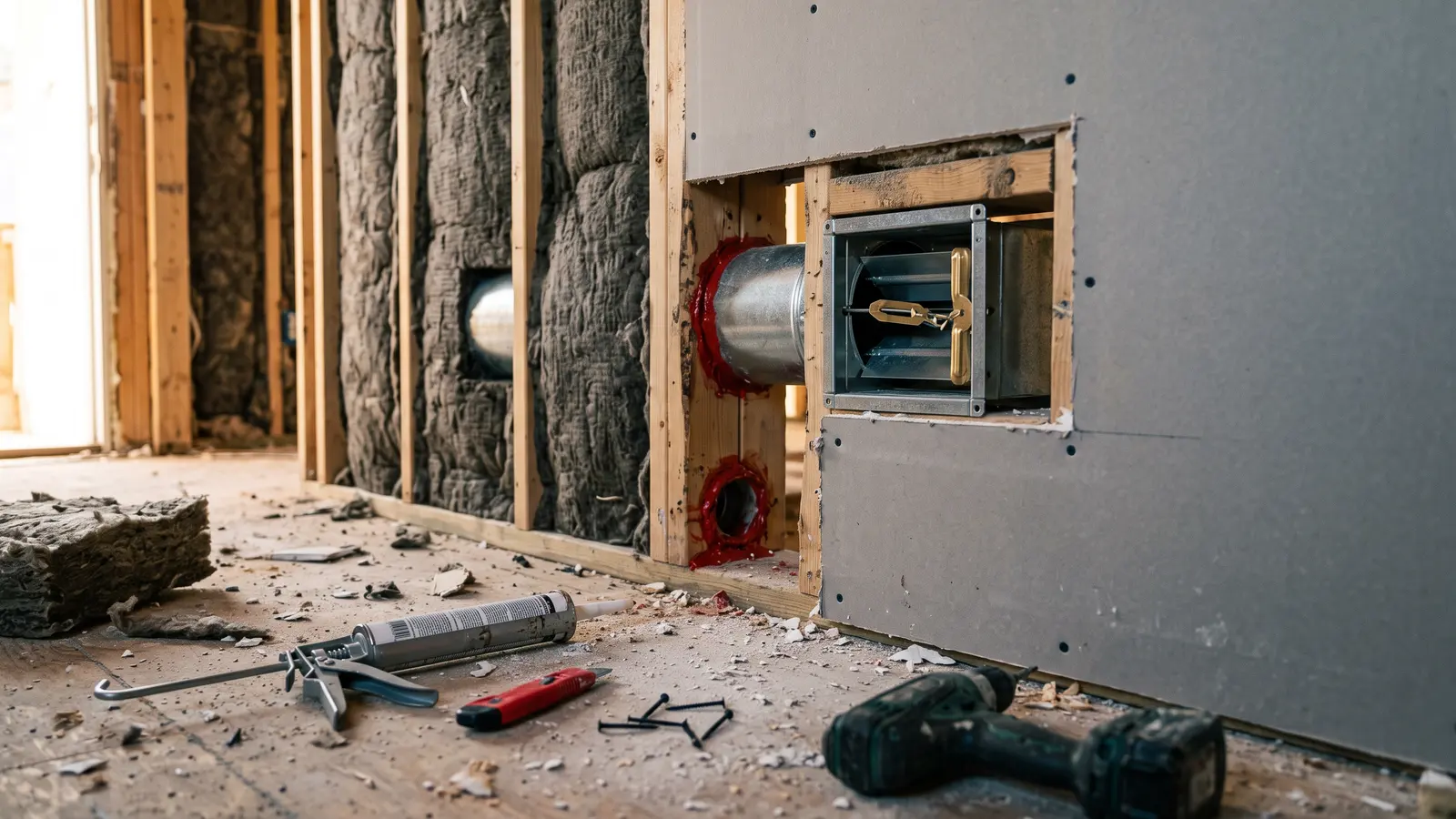 AI illustration of an unfinished fire-rated shared wall with mineral wool insulation, sealed penetrations, and a duct fire damper in a residential renovation