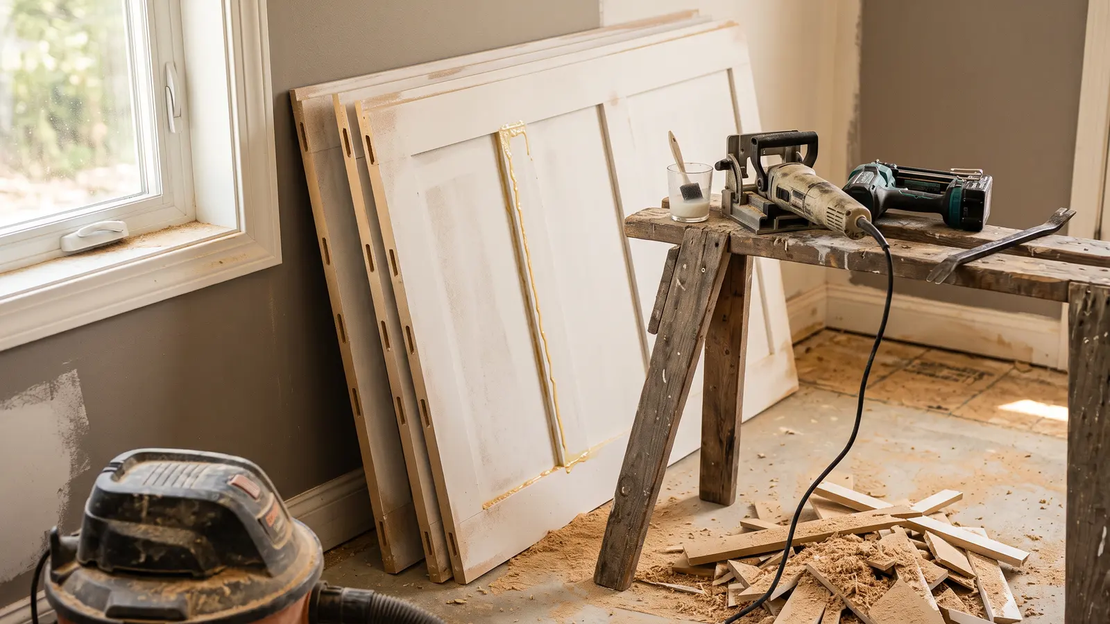 AI illustration of a mudroom work area with MDF wainscoting panels, a biscuit joiner, a brad nailer, wood glue, MDF dust, and warm daylight