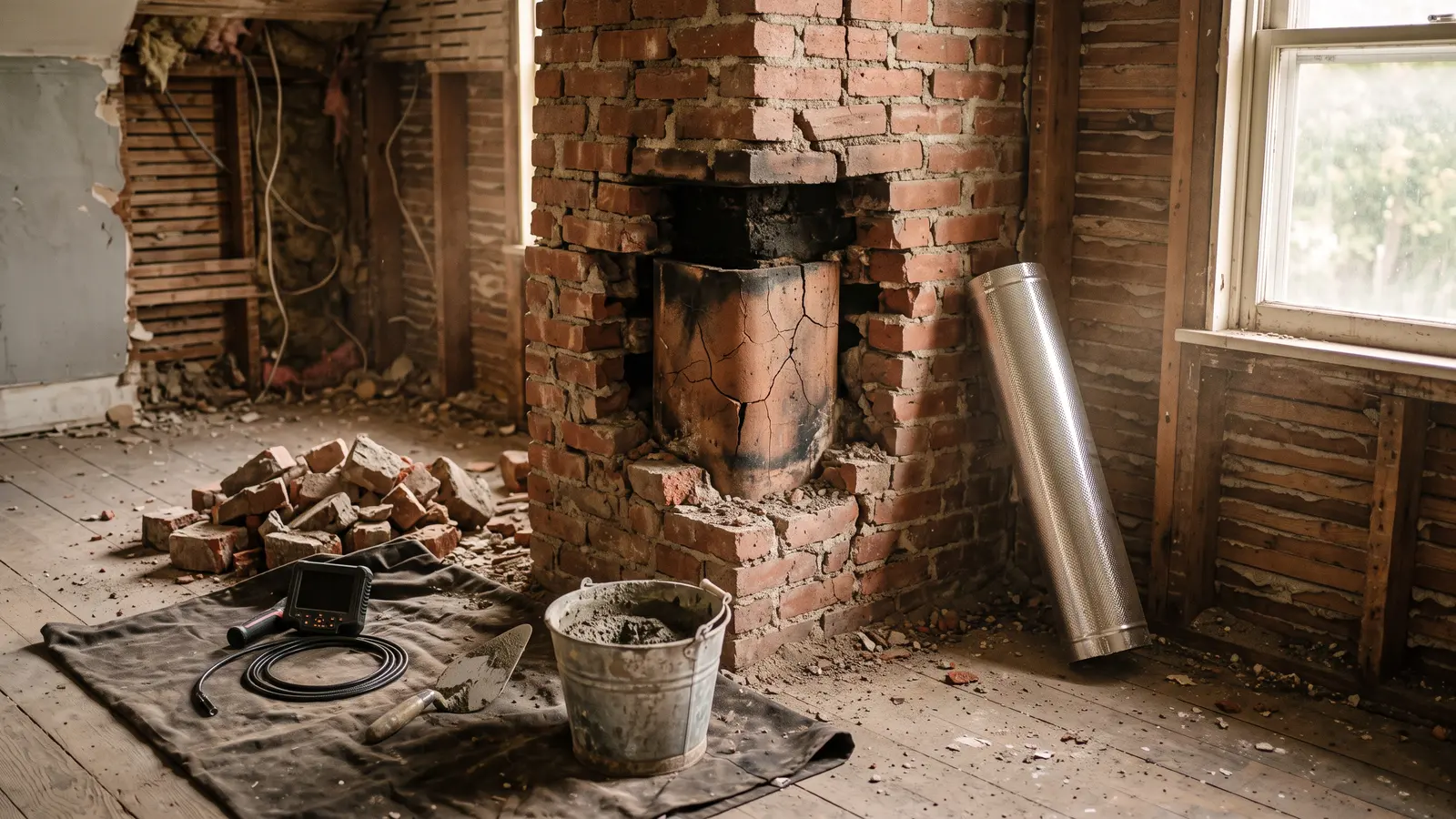 AI illustration of a gutted upstairs room with a cracked brick chimney, exposed lath, and chimney inspection tools on a drop cloth