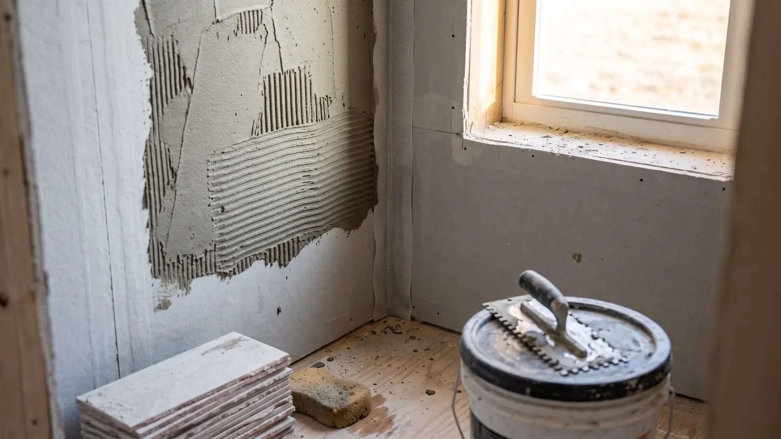AI illustration of a gutted bathroom shower wall with gray waterproof membrane, thin-set mortar, a notched trowel, porcelain tiles, and a small window in warm daylight