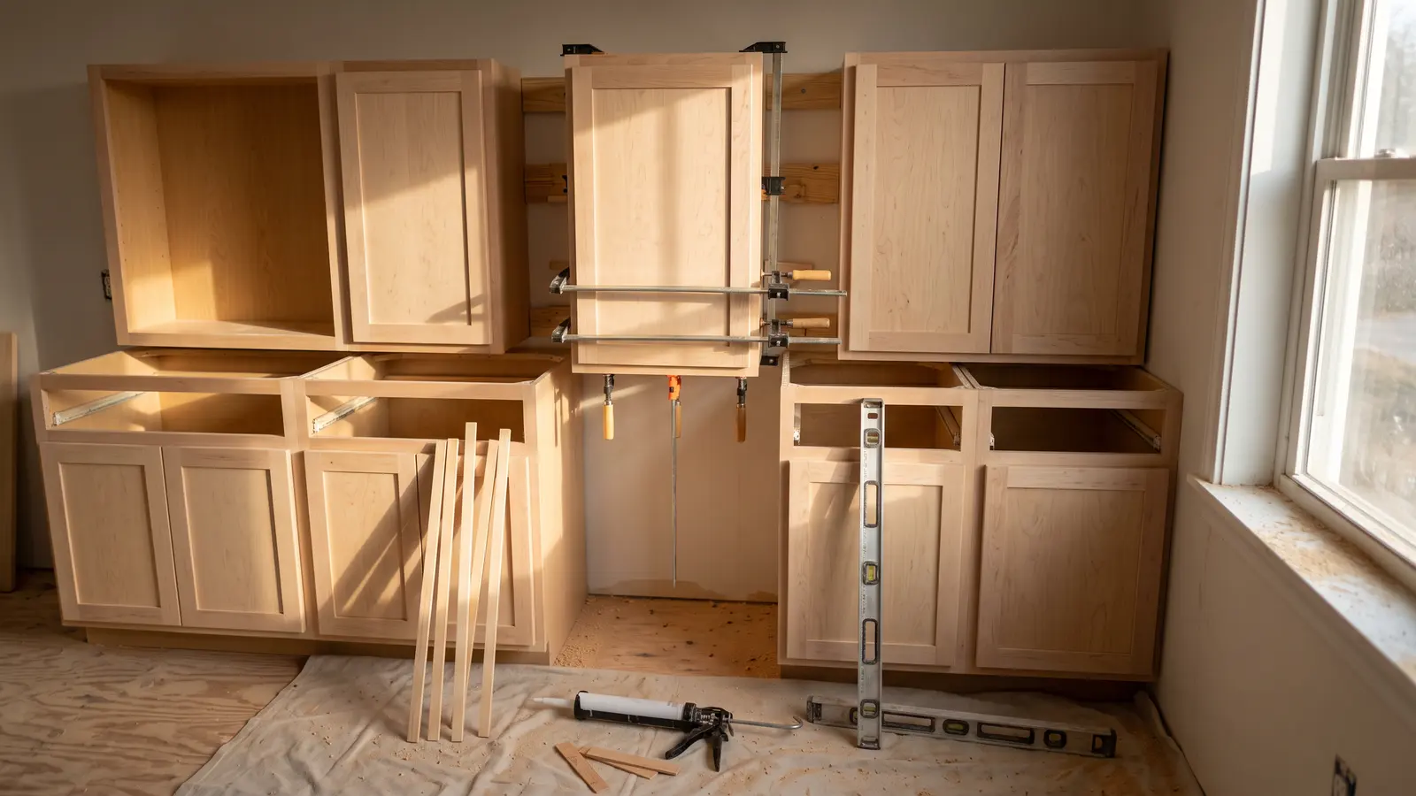 AI illustration of a half-finished kitchen with stock cabinets, filler strips, shims, and a level resting on a drop cloth in warm daylight