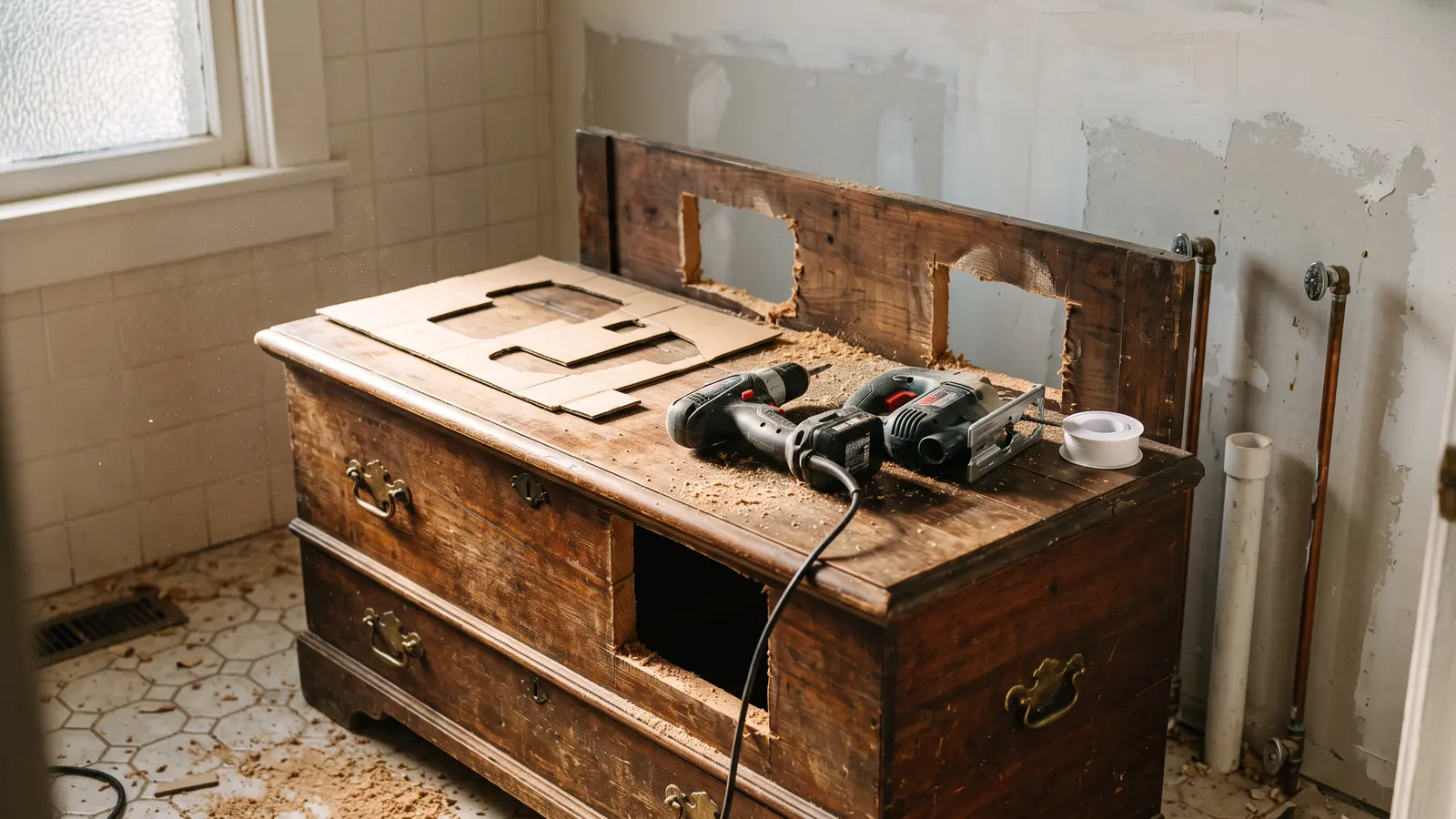 AI illustration of an antique wood chest being converted into a bathroom vanity, with cut openings, a cardboard plumbing template, and tools left on the floor in warm daylight