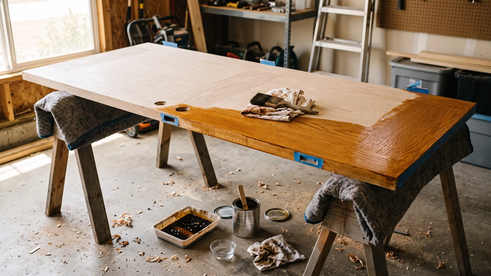 AI illustration of a fiberglass door slab on padded sawhorses in a sunlit garage, half-stained with amber gel stain beside a brush, rag, and small dishes of stain and spar urethane