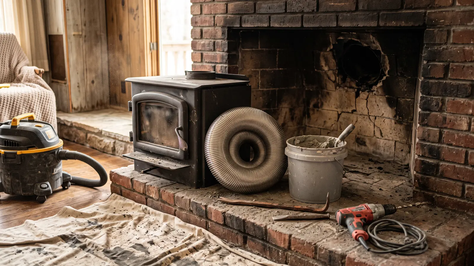 AI illustration of a living room fireplace with a wood-burning insert, coiled stainless steel liner, and masonry tools on a drop cloth amid soot and brick dust