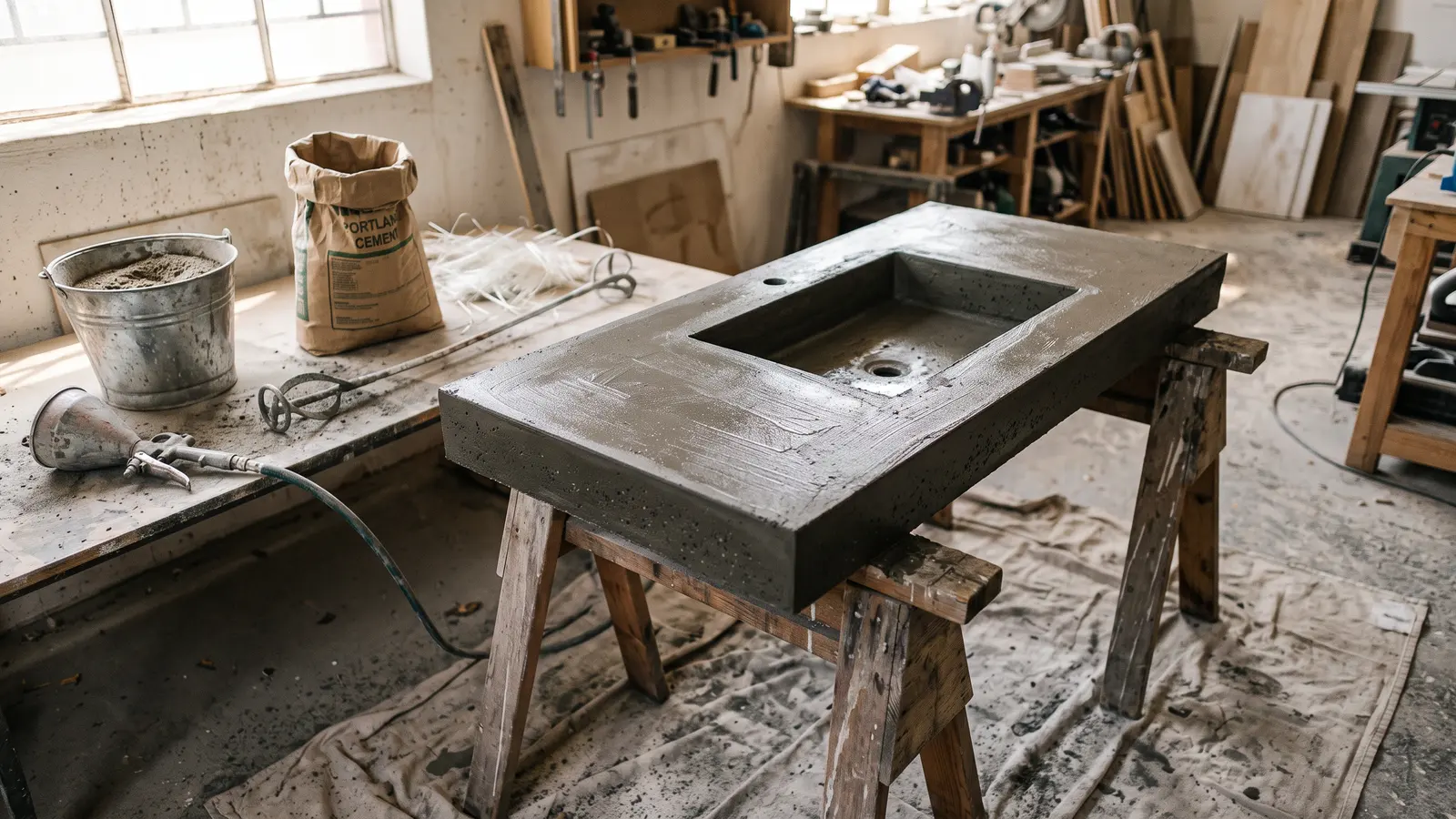 AI illustration of a freshly cast concrete vanity top with an integral sink on sawhorses in a workshop, surrounded by sand, cement, glass fiber, and a hopper gun