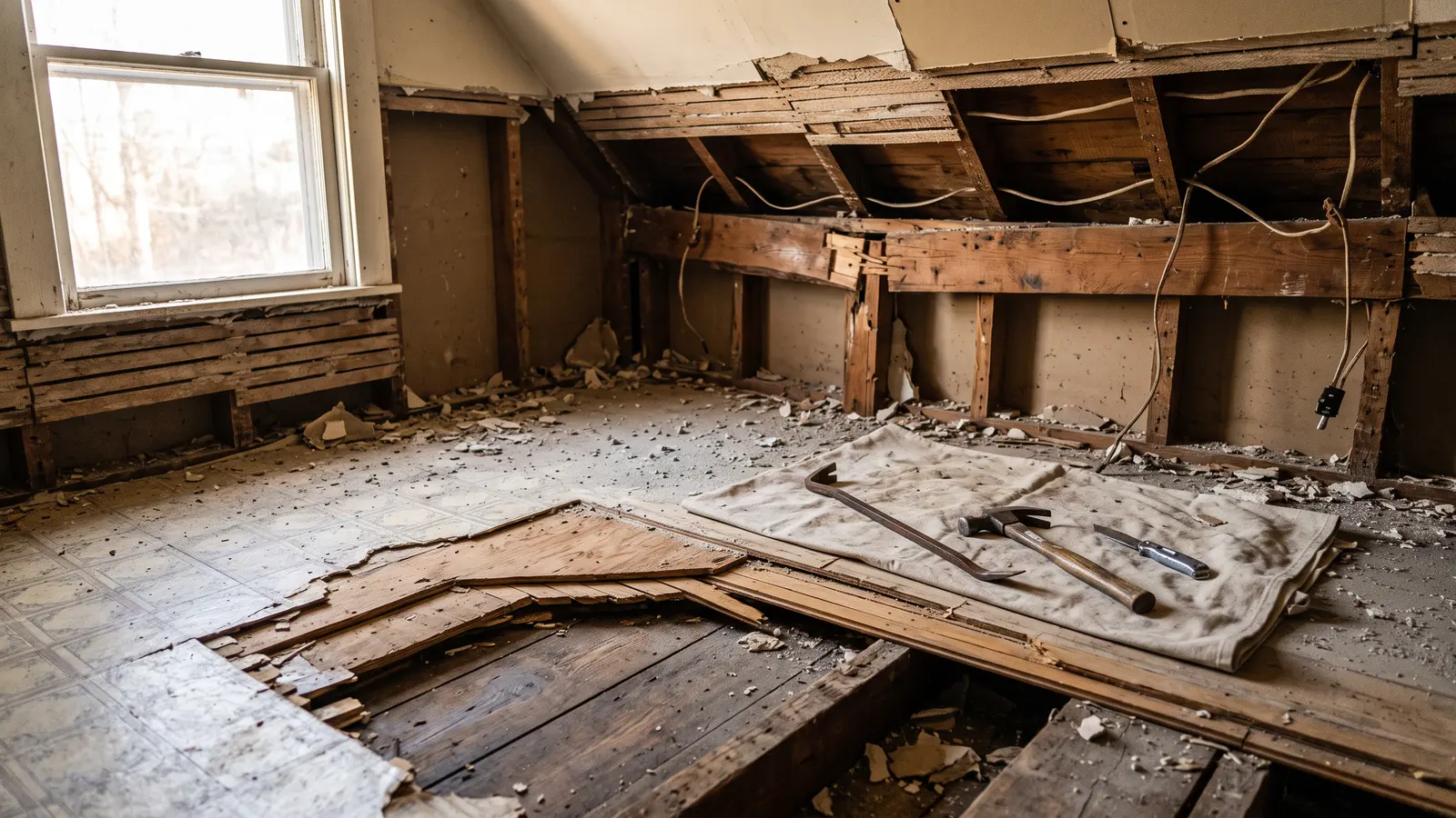 AI illustration of a gutted old-house kitchen with layered flooring peeled back, exposed lath and plaster ceiling, knob-and-tube wiring, and pry bars on a dusty drop cloth