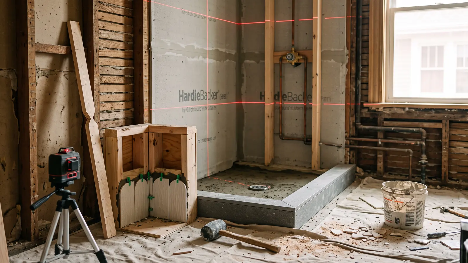 AI illustration of an unfinished bathroom with exposed framing, a marked story pole, curved porcelain tiles, and a shower rough-in
