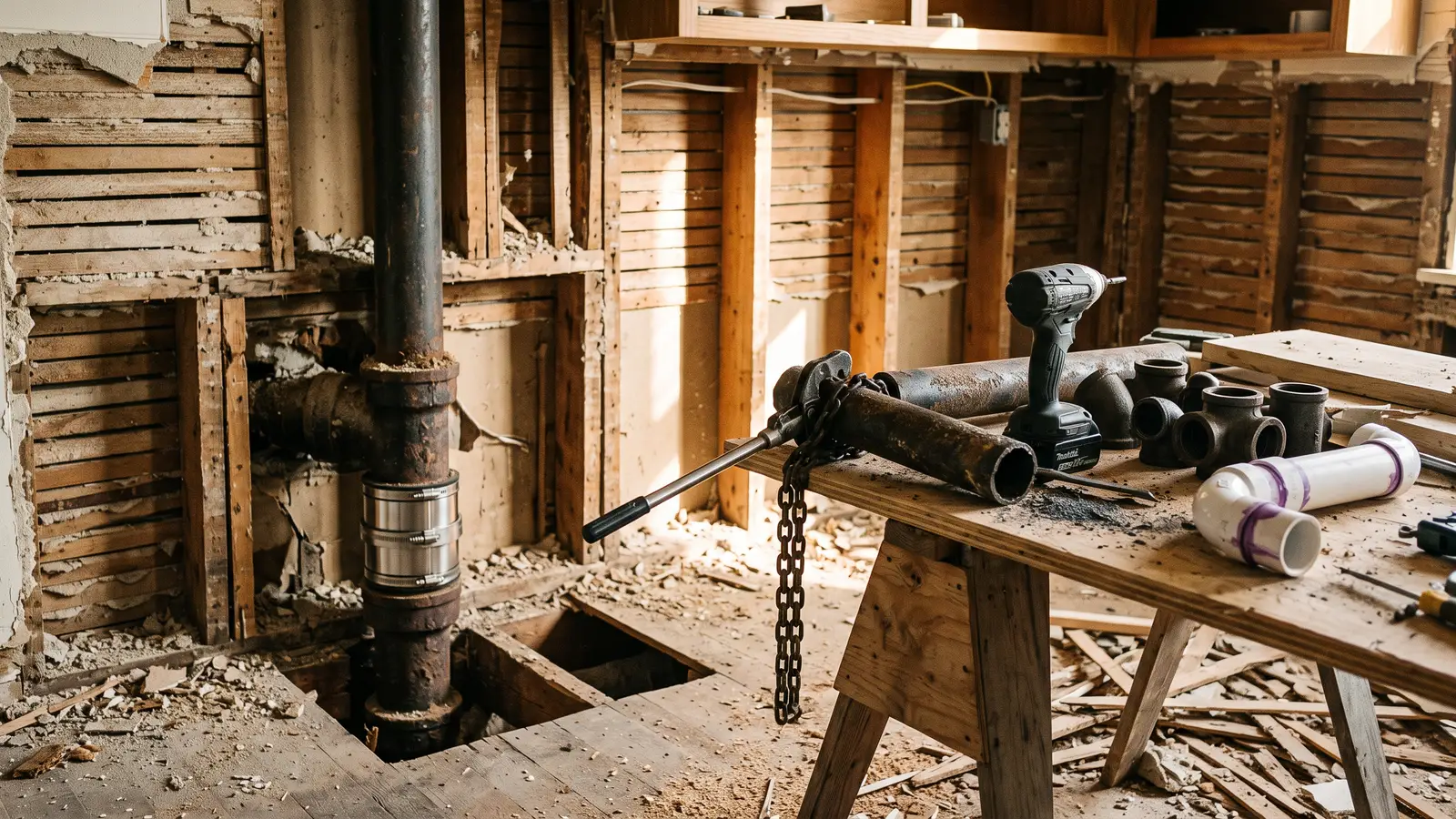 AI illustration of an open kitchen wall with a cast iron drain stack, a chain pipe cutter, and plumbing fittings on a workbench in daylight