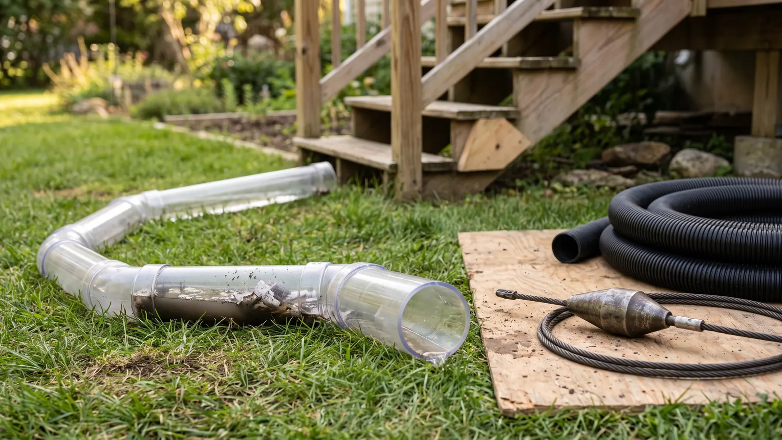 AI illustration of a backyard sewer demonstration with three clear pipes of increasing size, a coil of drain pipe, and a steel bursting head in daylight