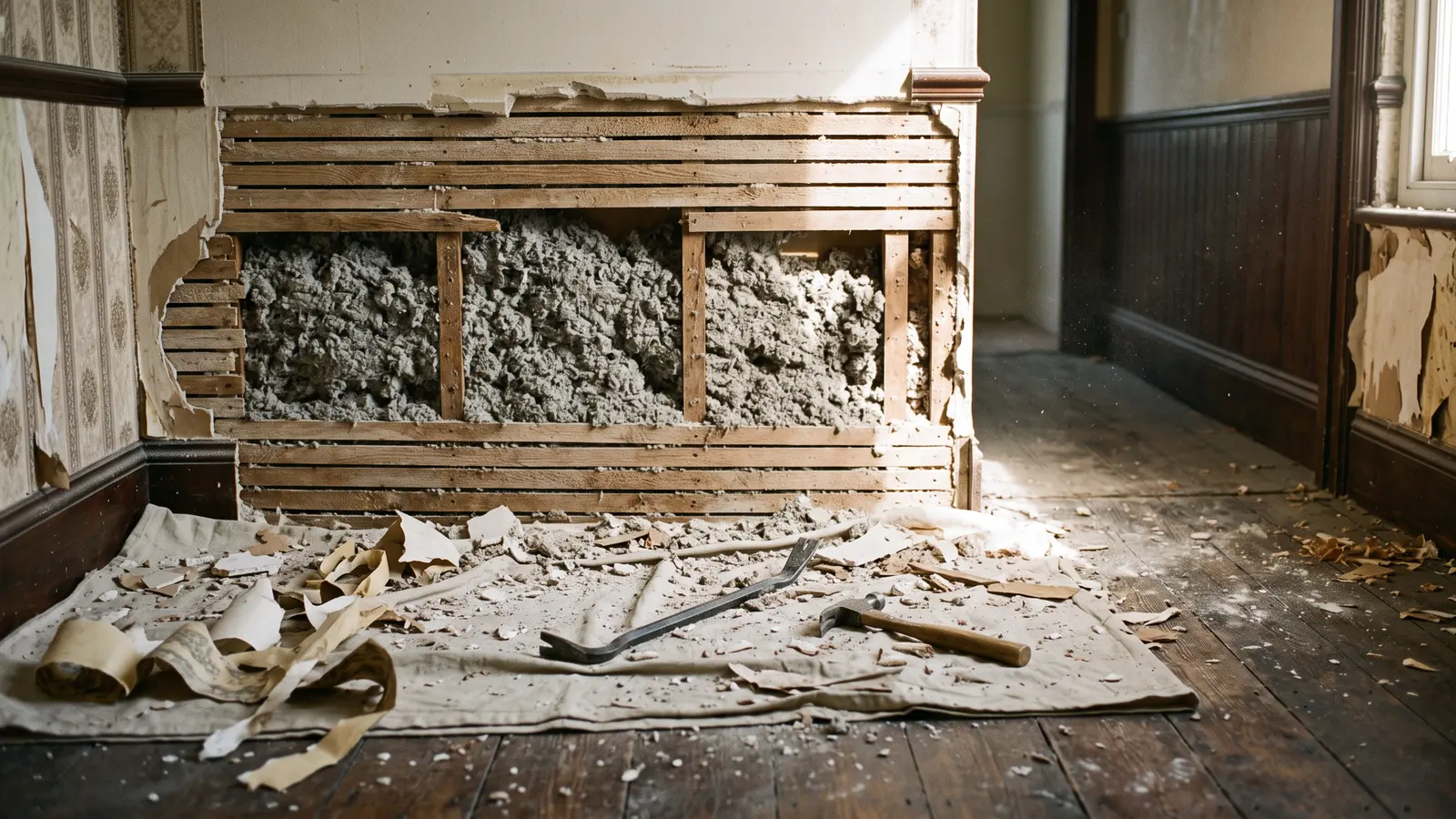 AI illustration of an opened plaster wall in a Victorian parlor showing wood lath, loose cellulose insulation, a pry bar, hammer, drop cloth, and plaster dust in warm afternoon light