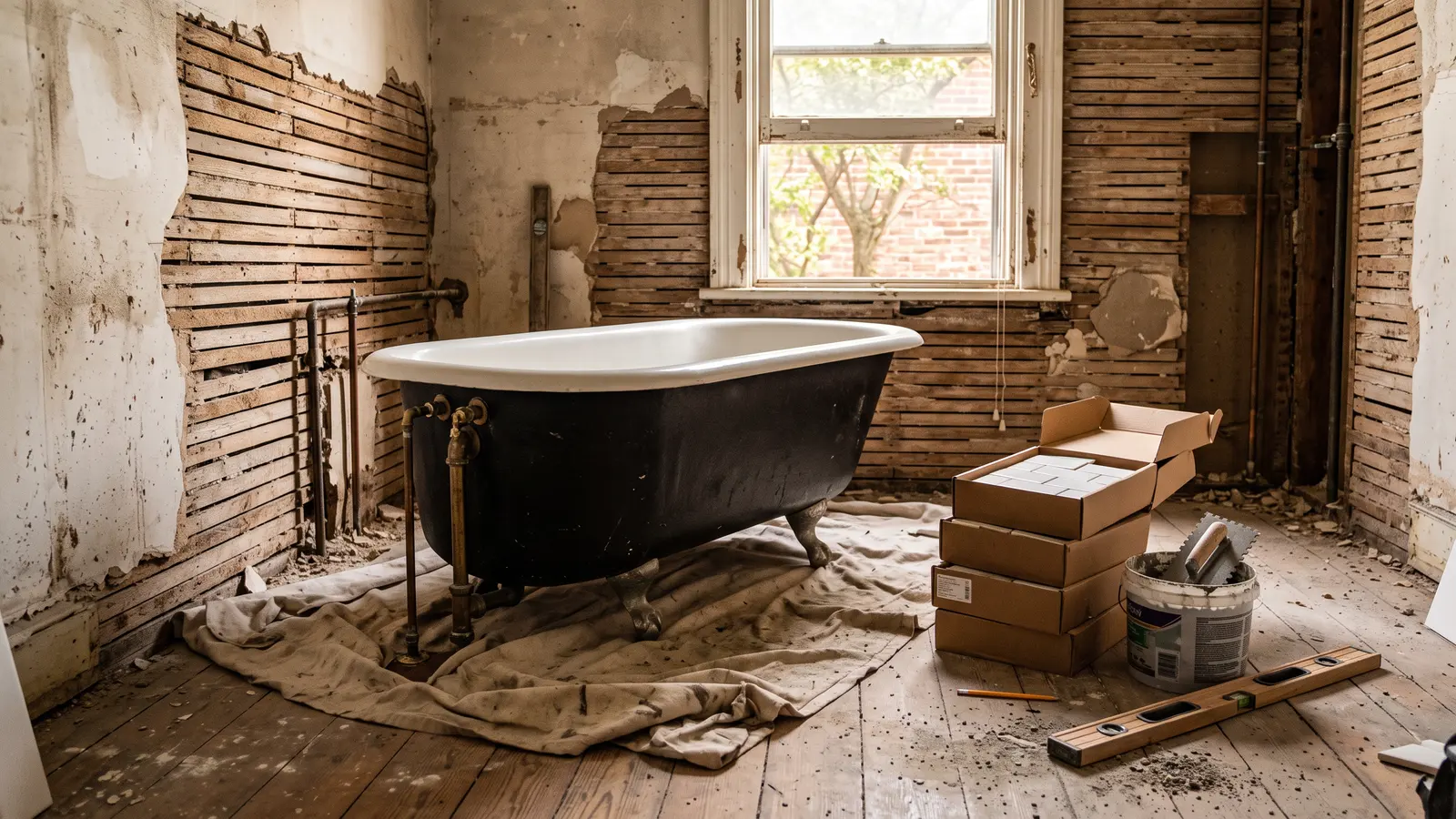 AI illustration of a Victorian bathroom mid-renovation with a clawfoot tub, stacked subway tile, and exposed lath walls in warm daylight